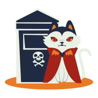 Dracula kostümü ve mezarlığıyla cadılar bayramı kedi maskotu