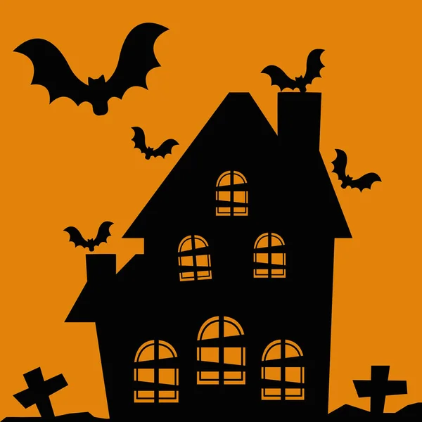 Casa de halloween abandonado con murciélagos volando — Vector de stock