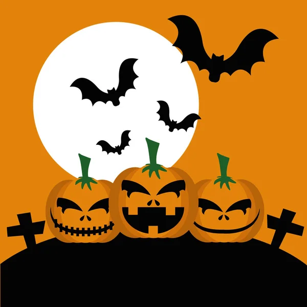 Calabazas de Halloween en el cementerio con murciélagos volando — Vector de stock