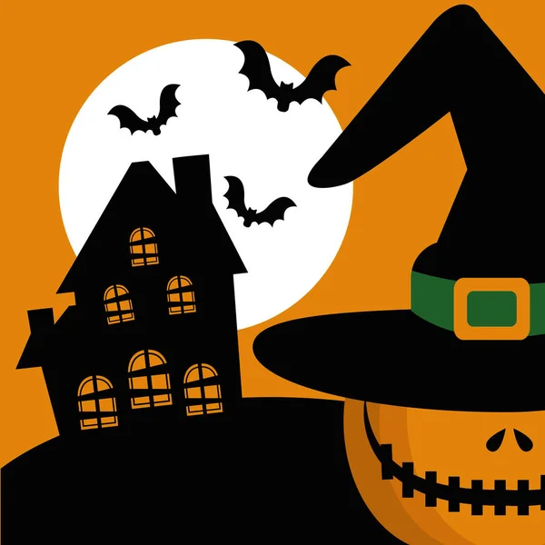 Calabaza de Halloween con casa abandonada y los iconos — Vector de stock