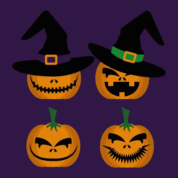 Halloween conjunto calabazas con sombrero bruja — Vector de stock