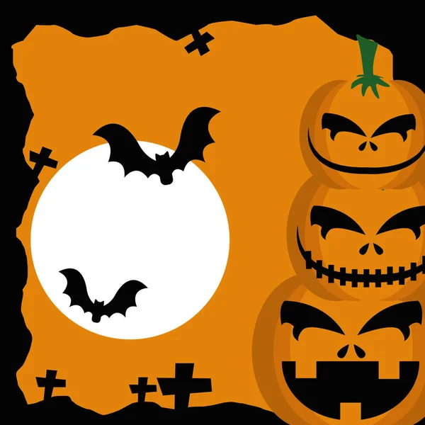 Halloween pumpkins in cemetery with bats flying — Stock Vector