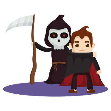 Ölüm ve Dracula kostümlü küçük çocuklar karakterleri oluşturur