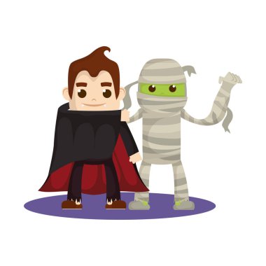 Dracula ve mumya kostümlü küçük çocuklar karakterler