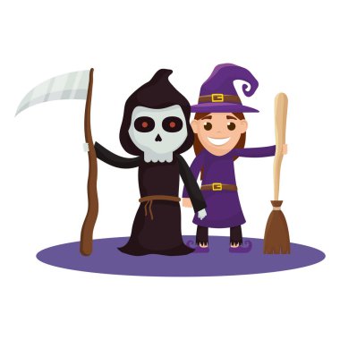 Ölüm ve cadı kostümlü küçük çocuklar karakterler