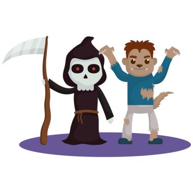 Ölüm ve kurt adam kostümlü küçük çocuklar karakterler