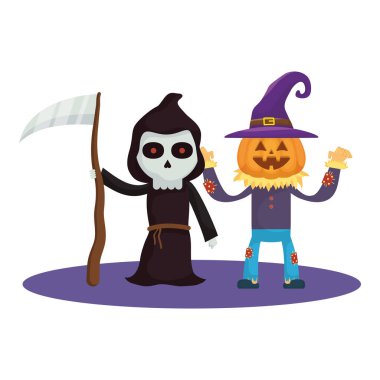 Ölüm ve balkabağı kostümlü küçük çocuklar karakterler