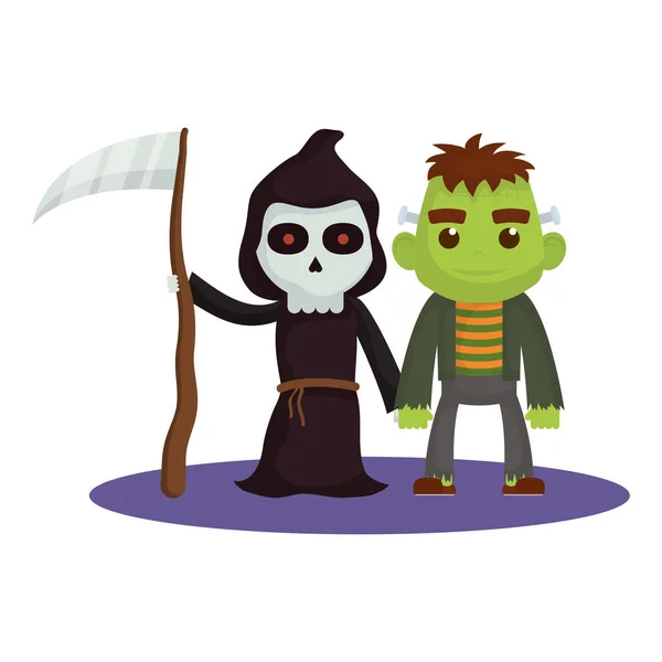 Niños pequeños con personajes de disfraces de la muerte y Frankenstein — Vector de stock