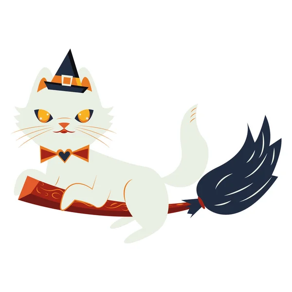 Mascote de gato halloween com chapéu de bruxa voando em vassoura —  Vetores de Stock
