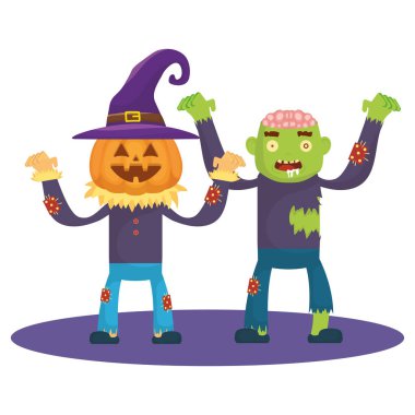 Korkuluk kabaklı küçük çocuklar ve zombi kostümlü karakterler