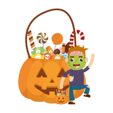 Zombi ve balkabağı şekerli küçük çocuk kostümlü karakter