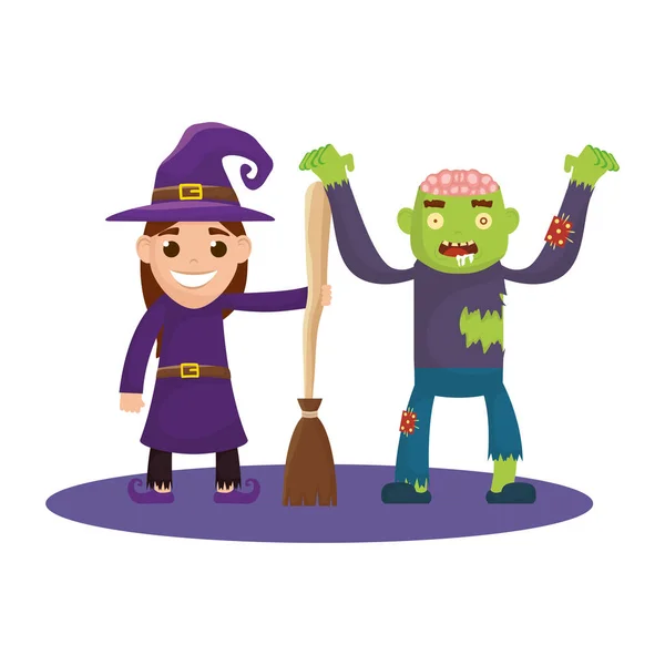 Kleine Kinder mit Hexen- und Zombie-Kostümen — Stockvektor