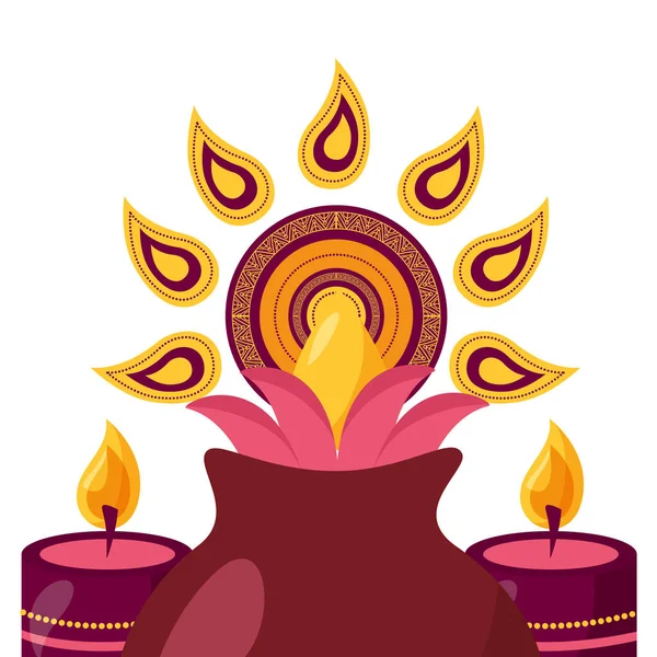 Flor de lótus em vaso com velas diwali fest — Vetor de Stock