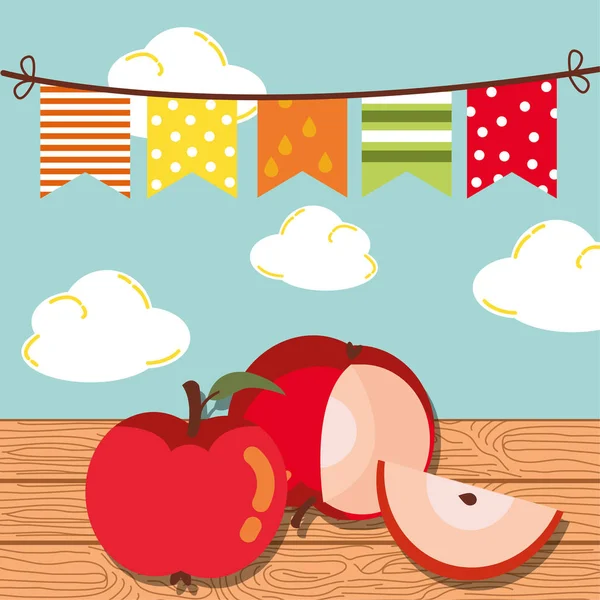 Tahta masa ve çelenklerde sonbahar elmaları — Stok Vektör