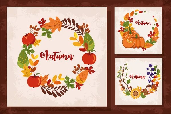 Bundle of autumn cards seasonal icons — Stock Vector