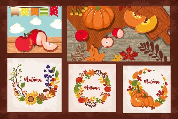 Bundle of autumn cards seasonal icons — Stock Vector