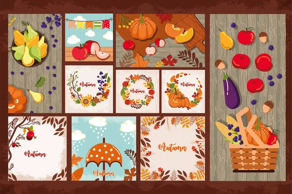 Paquet de cartes d'automne icônes saisonnières — Image vectorielle
