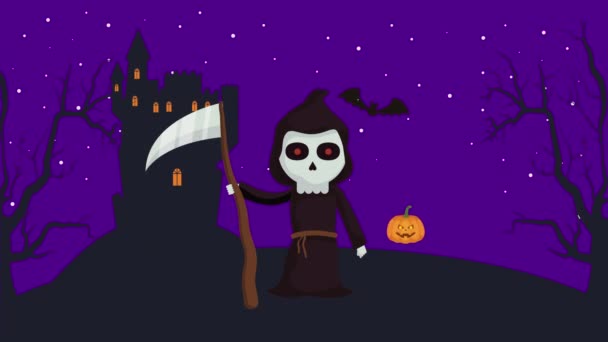 Halloween dark scene with death in castle — стоковое видео