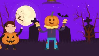 Cadılar bayramı çocuğu, balkabağı ve cadı kılığında