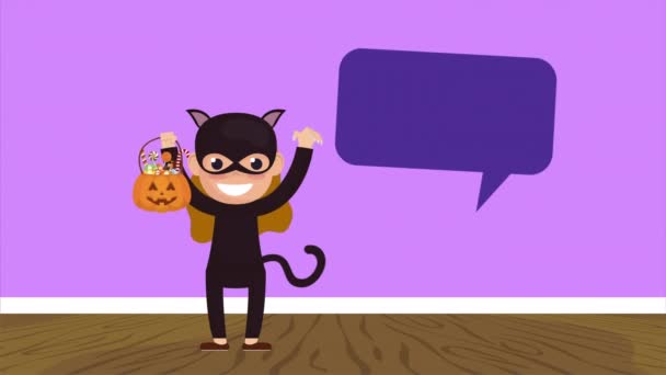 Halloween dark scene with cat woman and pumpkin — Stock Video