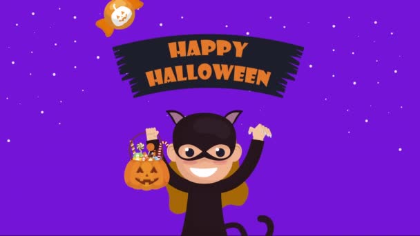Halloween donker scene met kat vrouw en pompoen — Stockvideo
