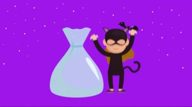 Kedi kadın ve şekerlerle dolu karanlık cadılar bayramı sahnesi