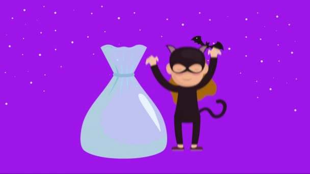 Halloween dark scene with cat woman and candies bag — Stock Video