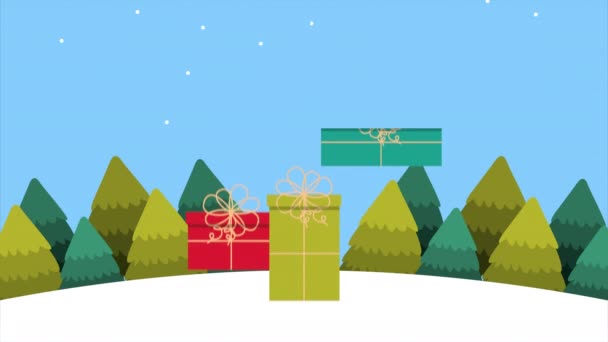 Alegres presentes de Natal com paisagem de neve da floresta — Vídeo de Stock