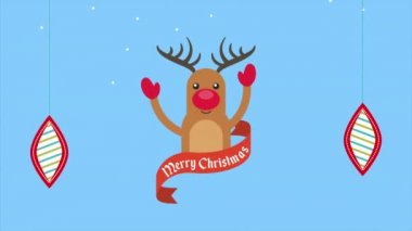 Geyik ve topların asılı olduğu mutlu noel kartları