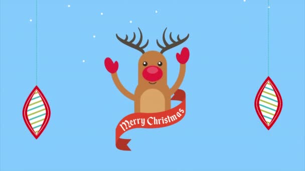 Merry christmas card with deer and balls hanging — Stock Video