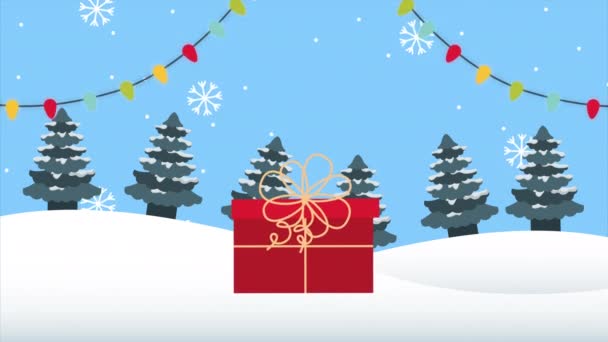 Feliz alegre oso de Navidad en regalo y luces — Vídeos de Stock