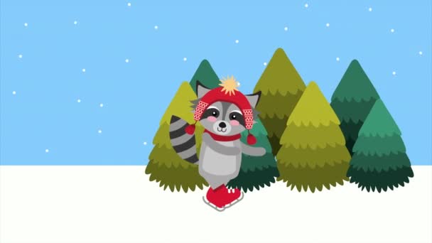 Glad god jul tvättbjörn i skogen snölandskap — Stockvideo