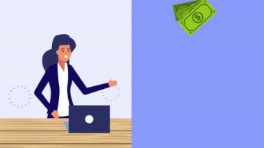 Dizüstü bilgisayarı ve parası olan iş kadını animasyonu