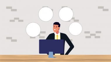 Masaüstü ve finansal simgelere sahip iş adamı