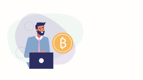 Homem de negócios com laptop e animação bitcoin — Vídeo de Stock
