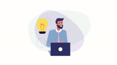 Dizüstü bilgisayarı ve ampul animasyonu olan iş adamı