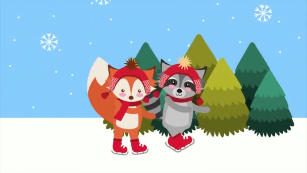 Happy merry christmas with raccoon and fox — Stock Video