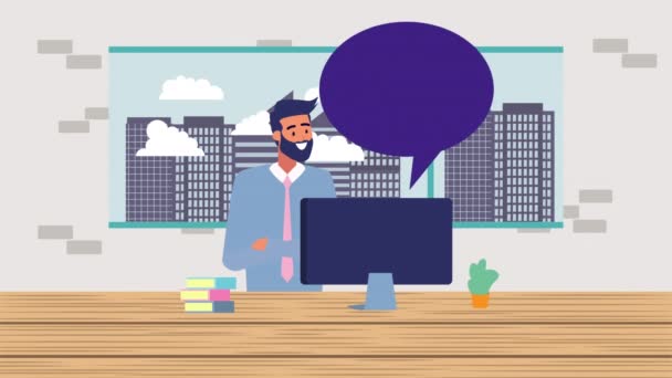 Бизнесмен с анимацией мыльных пузырей рабочего стола и речи — стоковое видео