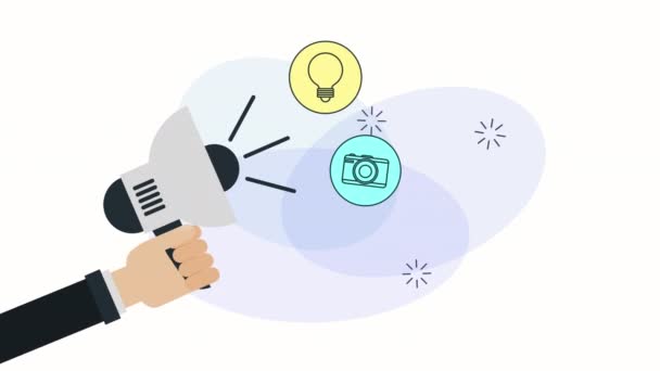 Mão com megafone e animação de marketing de mídia social — Vídeo de Stock