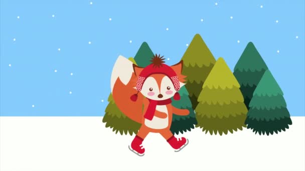 Gelukkig vrolijk kerstfeest vos in bos sneeuwlandschap — Stockvideo