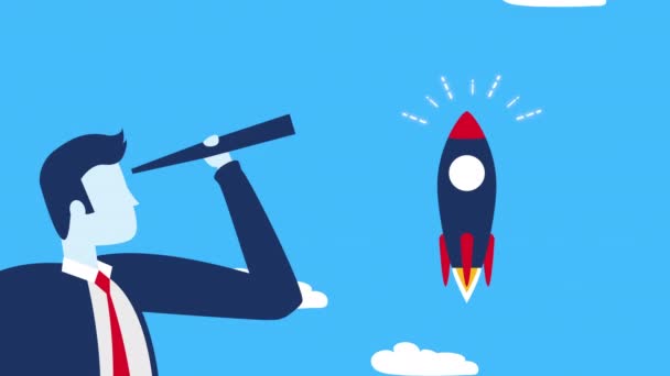 homme d'affaires travailleur avec télescope et fusée 