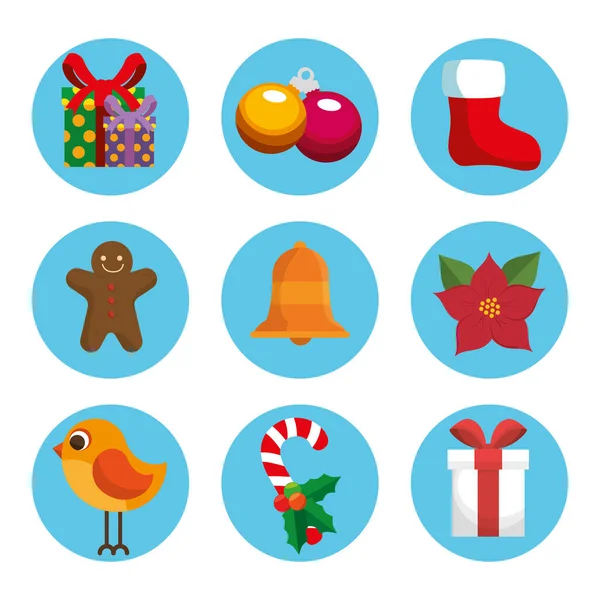 Paquete de Navidad con cajas de regalo e iconos de decoración — Vector de stock