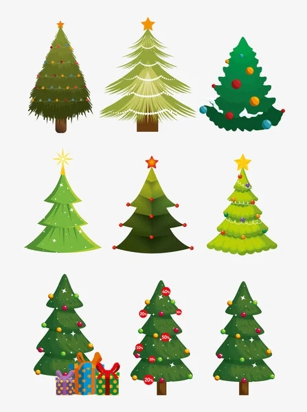 Fascio alberi di Natale con icone set — Vettoriale Stock