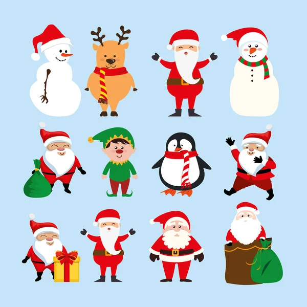 Paquet de Noël avec Père Noël claus et caractères ensemble — Image vectorielle