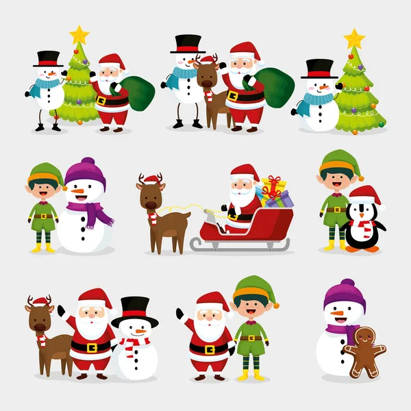 Paquete de Navidad con muñeco de nieve y personajes de set — Vector de stock