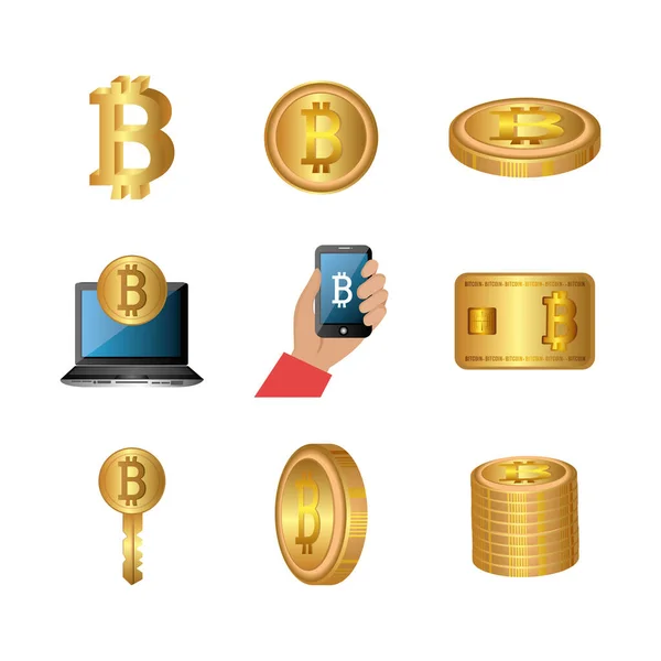 Paquete de bitcoins con iconos establecidos — Vector de stock
