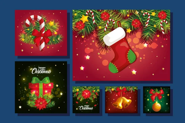 装飾が施されたメリークリスマスポスターのセット — ストックベクタ