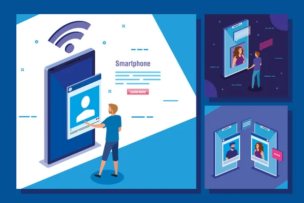 Conjunto de escenas con iconos de teléfonos inteligentes y redes sociales — Archivo Imágenes Vectoriales