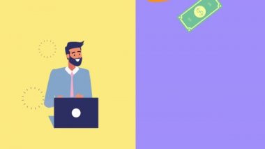 Dizüstü bilgisayarı ve para dolu animasyonu olan iş adamı