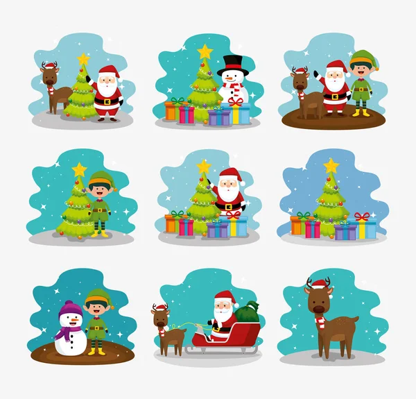 Paquete de Navidad con muñeco de nieve y personajes de set — Vector de stock